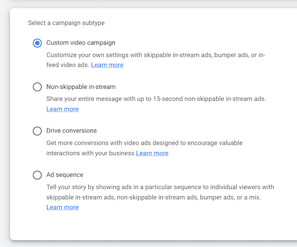 انتخاب زیرلایه نوع کمپین برای تبلیغ در یوتیوب